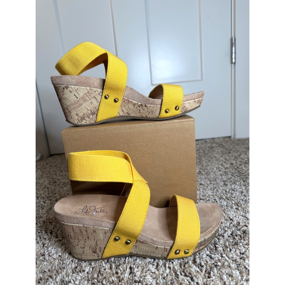 LifeStride Del Mar Yellow Fabric Cork Wedge Sandals Womens 7M Soft System